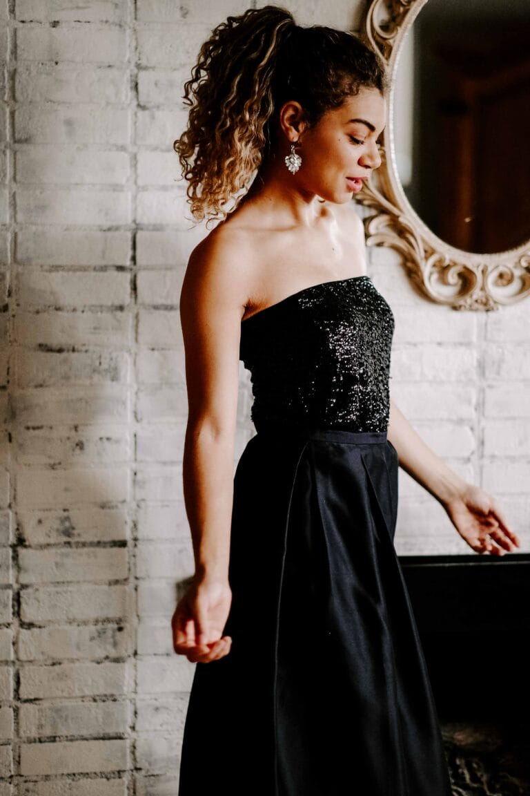 black sequin top with skirt outfit