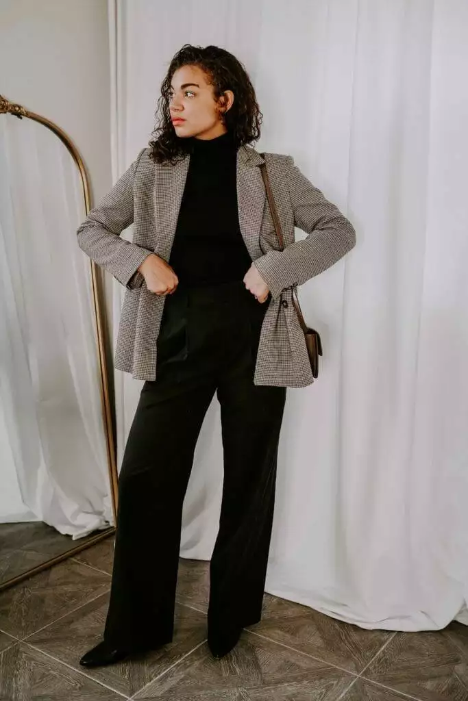 Mock neck with black trousers and loafers