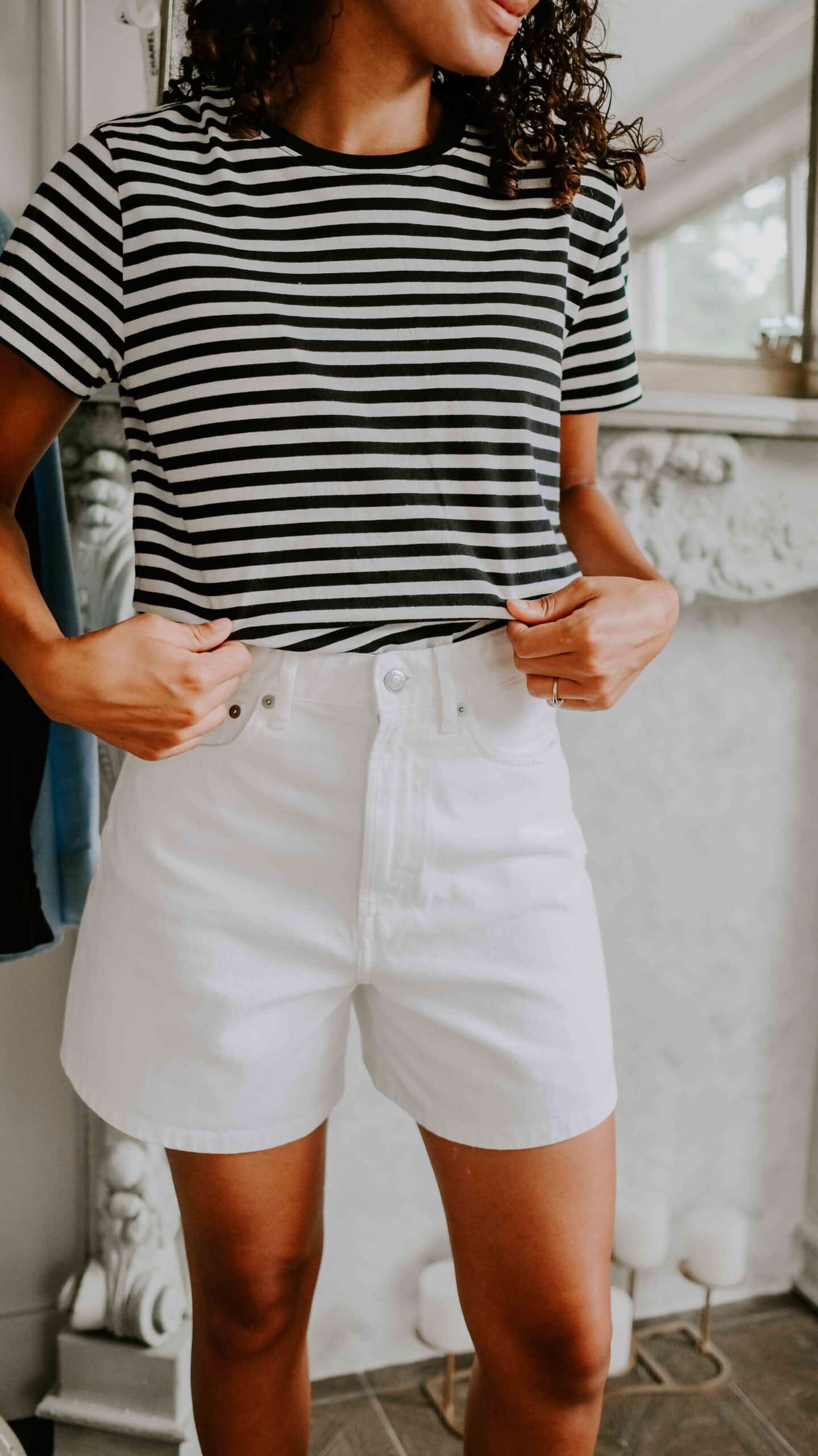 striped t-shirt with white shorts