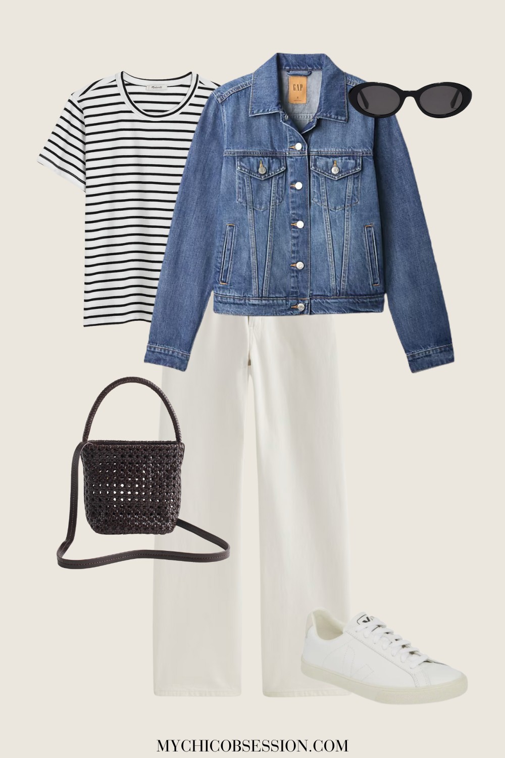 denim jacket, striped t-shirt, white jeans, sneakers