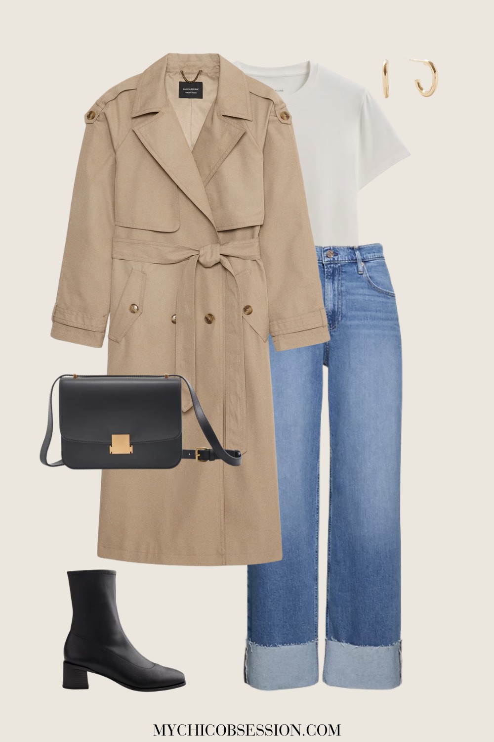 cuffed jeans, t-shirt, trench coat, crossbody bag, boots