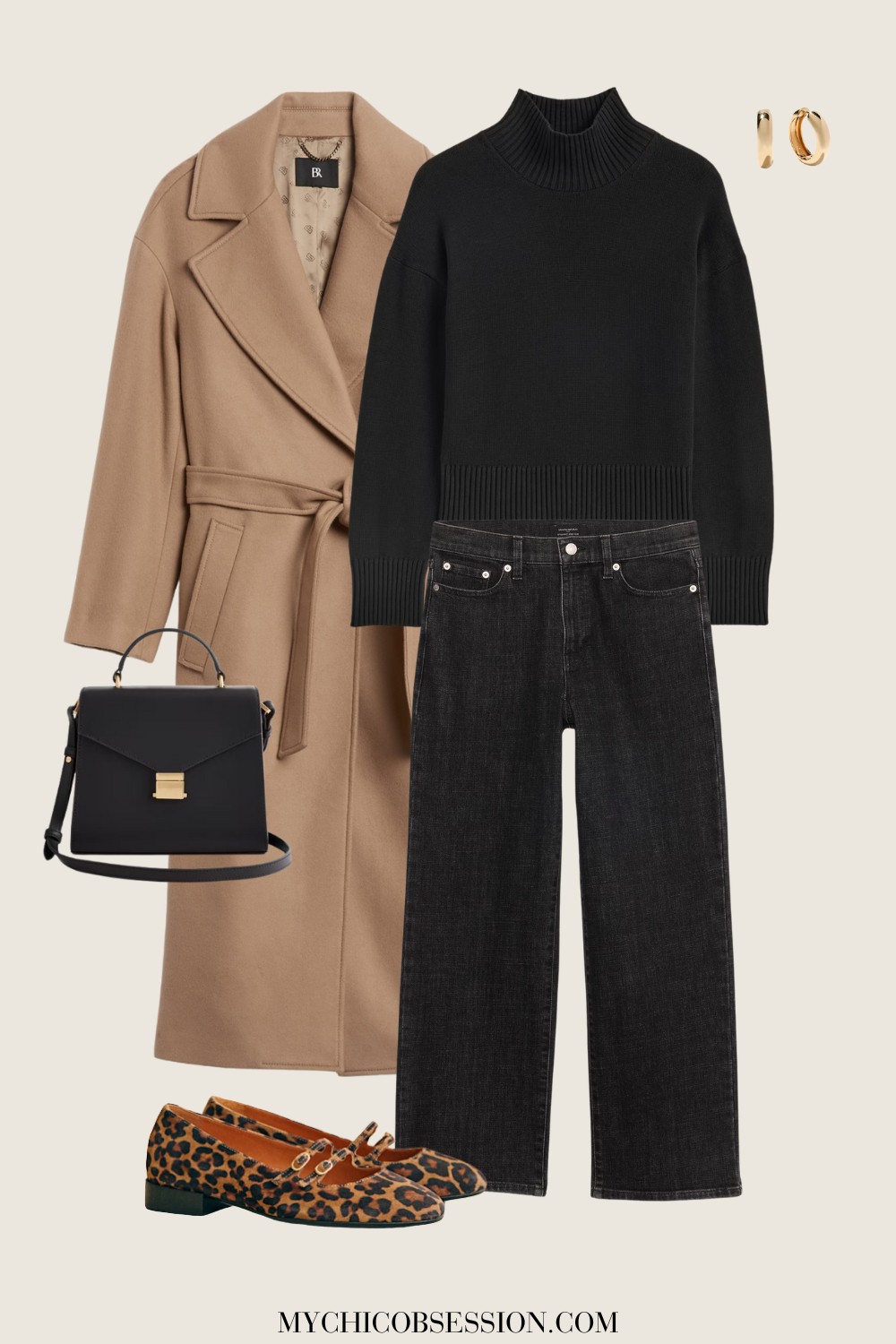 turtleneck, jeans, wool coat, leopard print flats, top handle bag