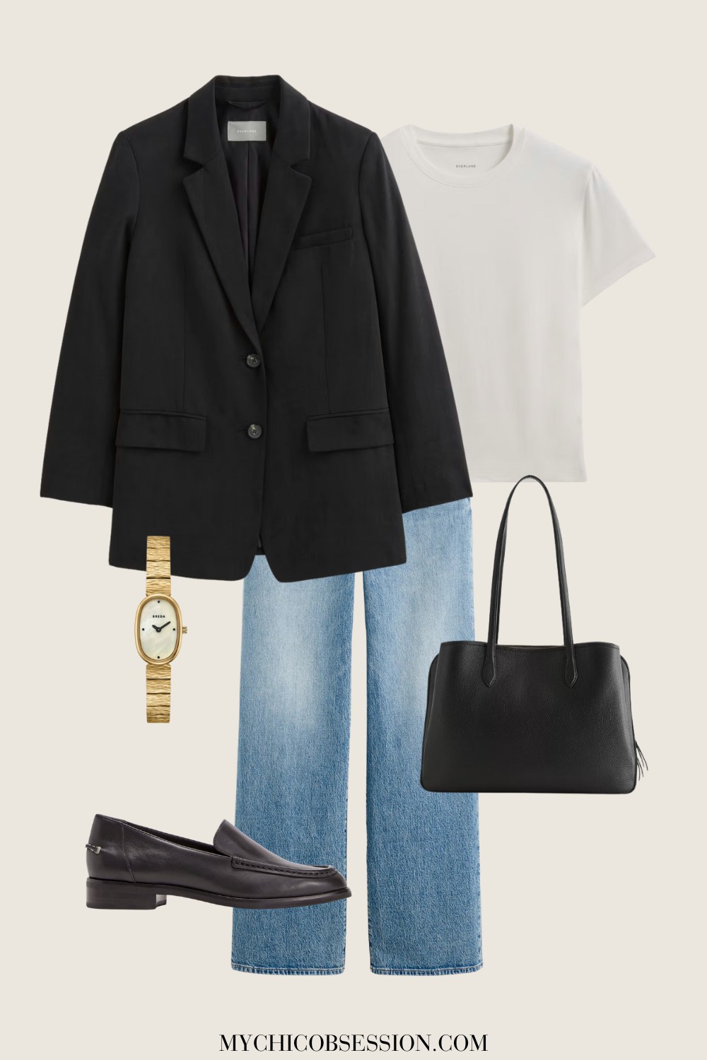white tee, black blazer, bag, jeans, loafers, watch