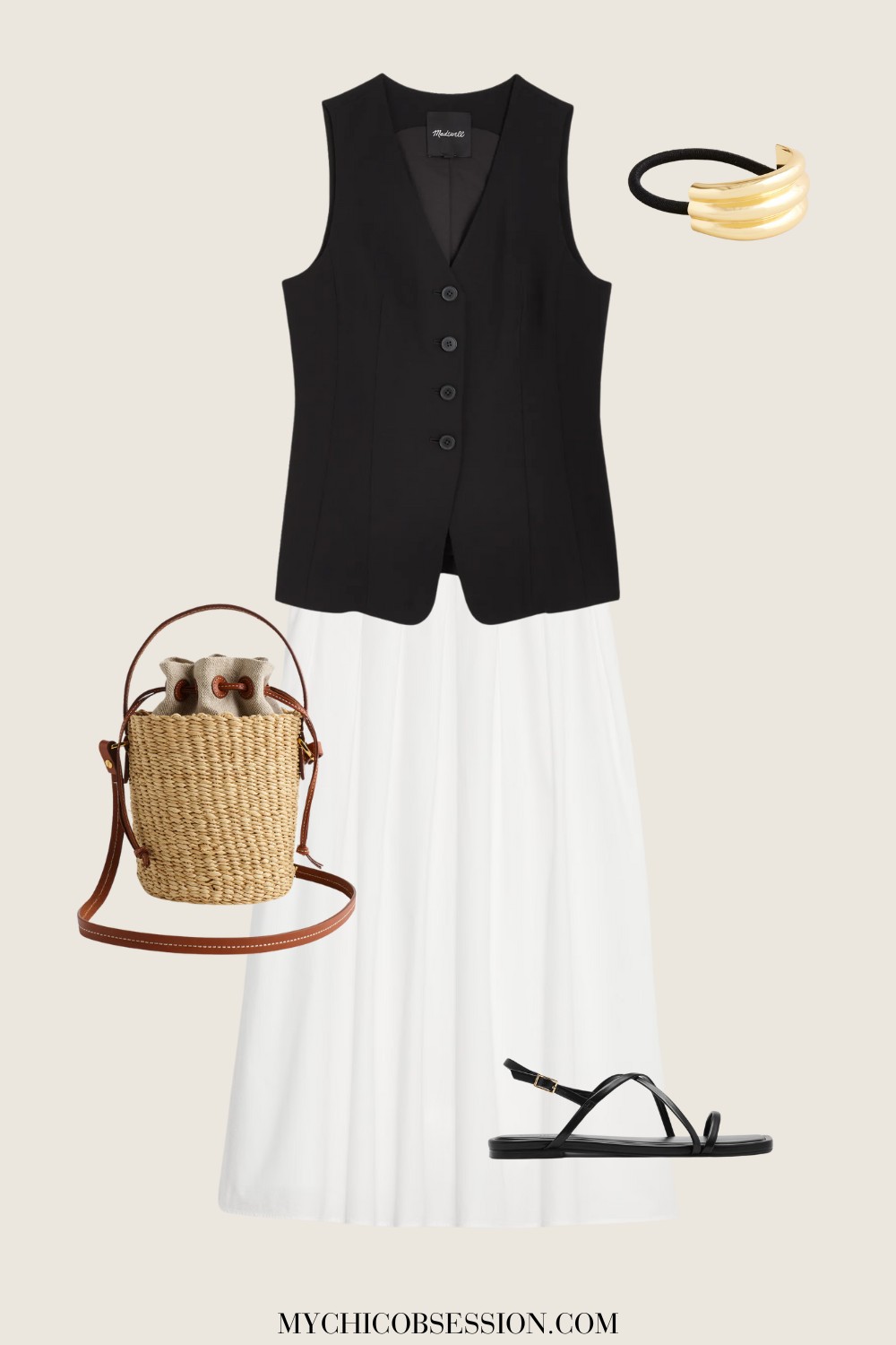 black vest top, white skirt, basket bag, sandals, ponytail