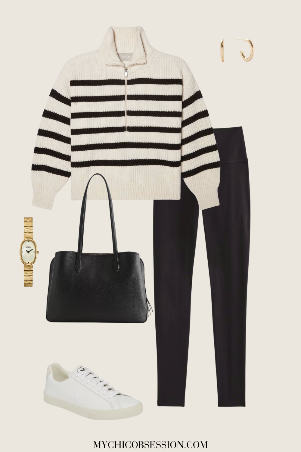 half-zip sweater, leggings, bag, sneakers, watch, earrings