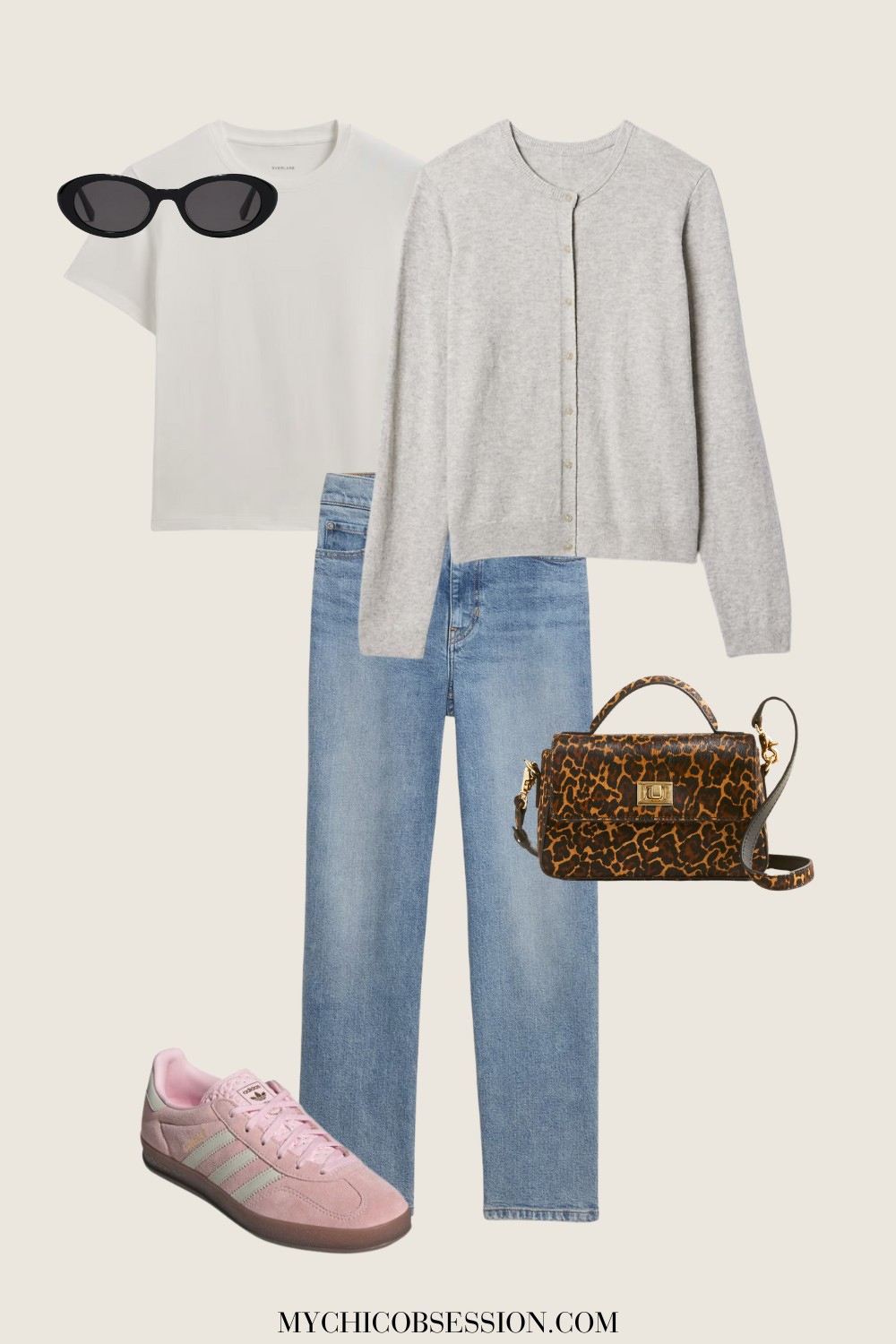 pink sneakers, gray cardigan, white tee, jeans, leopard print bag, sunglasses