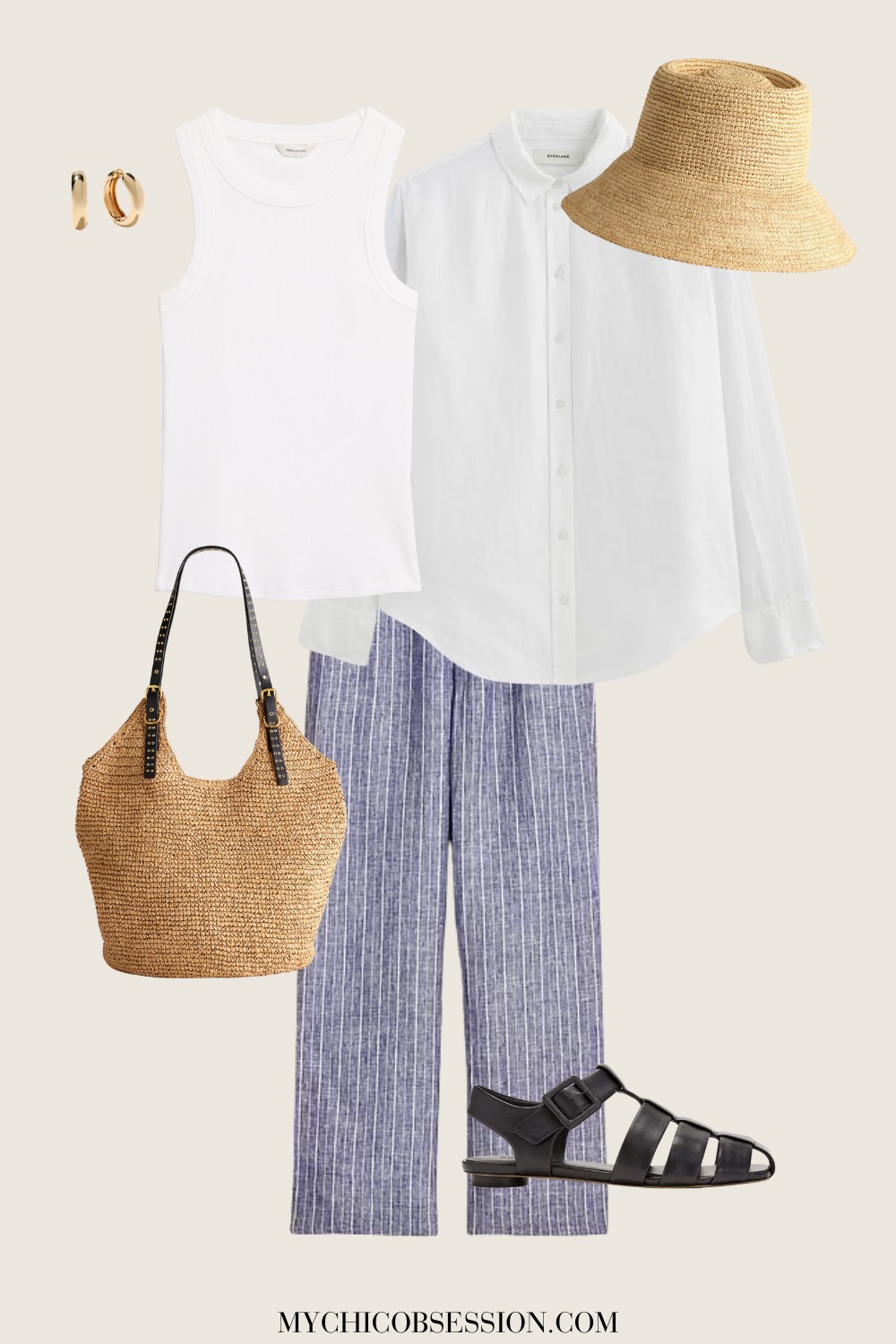 tank top, button-down, linen pants, straw bag, fisherman sandals, straw hat