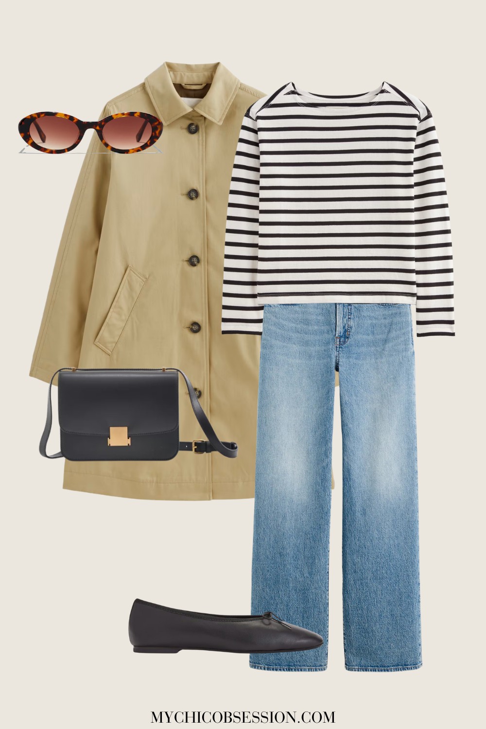 mariner shirt, jeans, car coat, ballet flats, oval sunglasses, crossbody bag