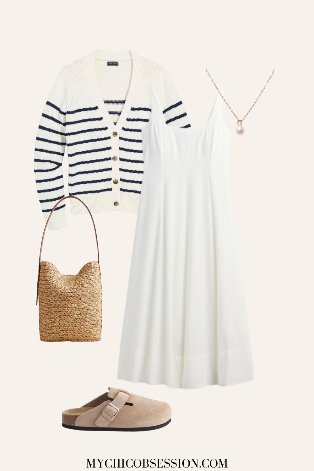 white linen dress, striped sweater, woven bag, clogs, pearl pendant necklace