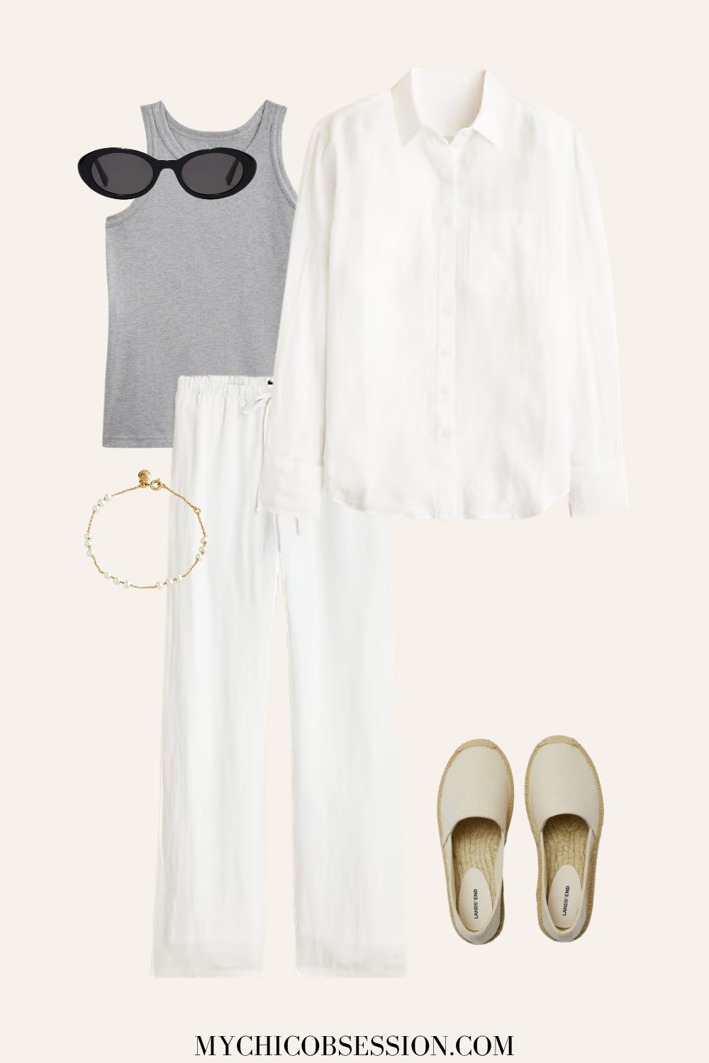 button-down shirt, linen pants, tank top, sunglasses, pearl bracelet, espadrille flats