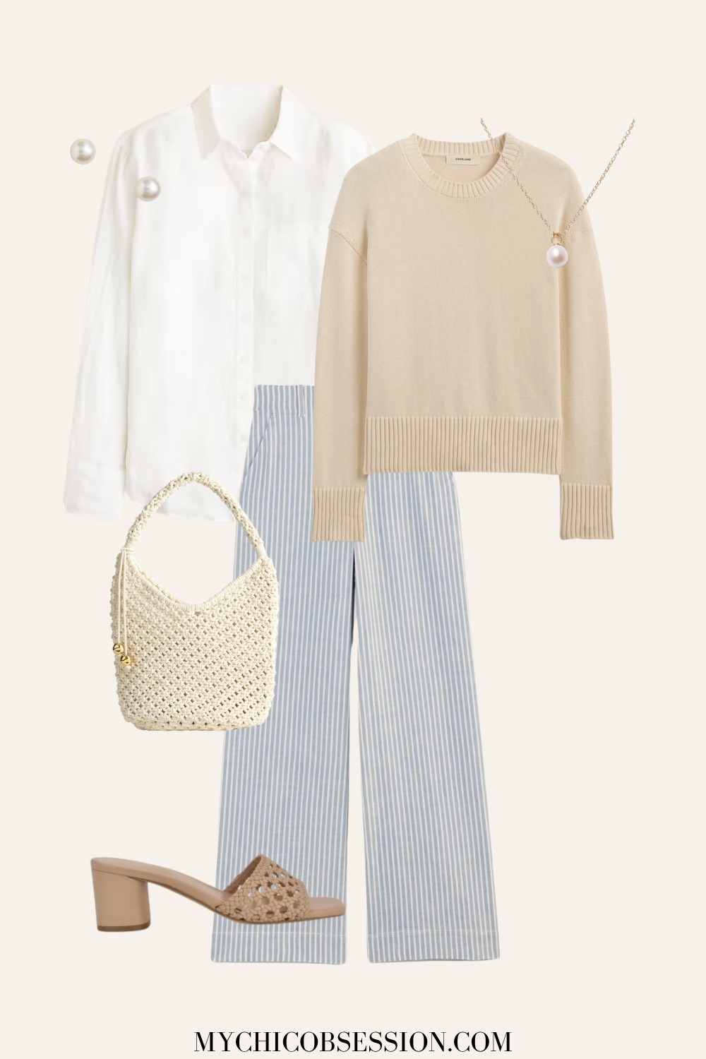 linen button-down shirt, sweater, linen striped pants, heels, woven bag, pearls