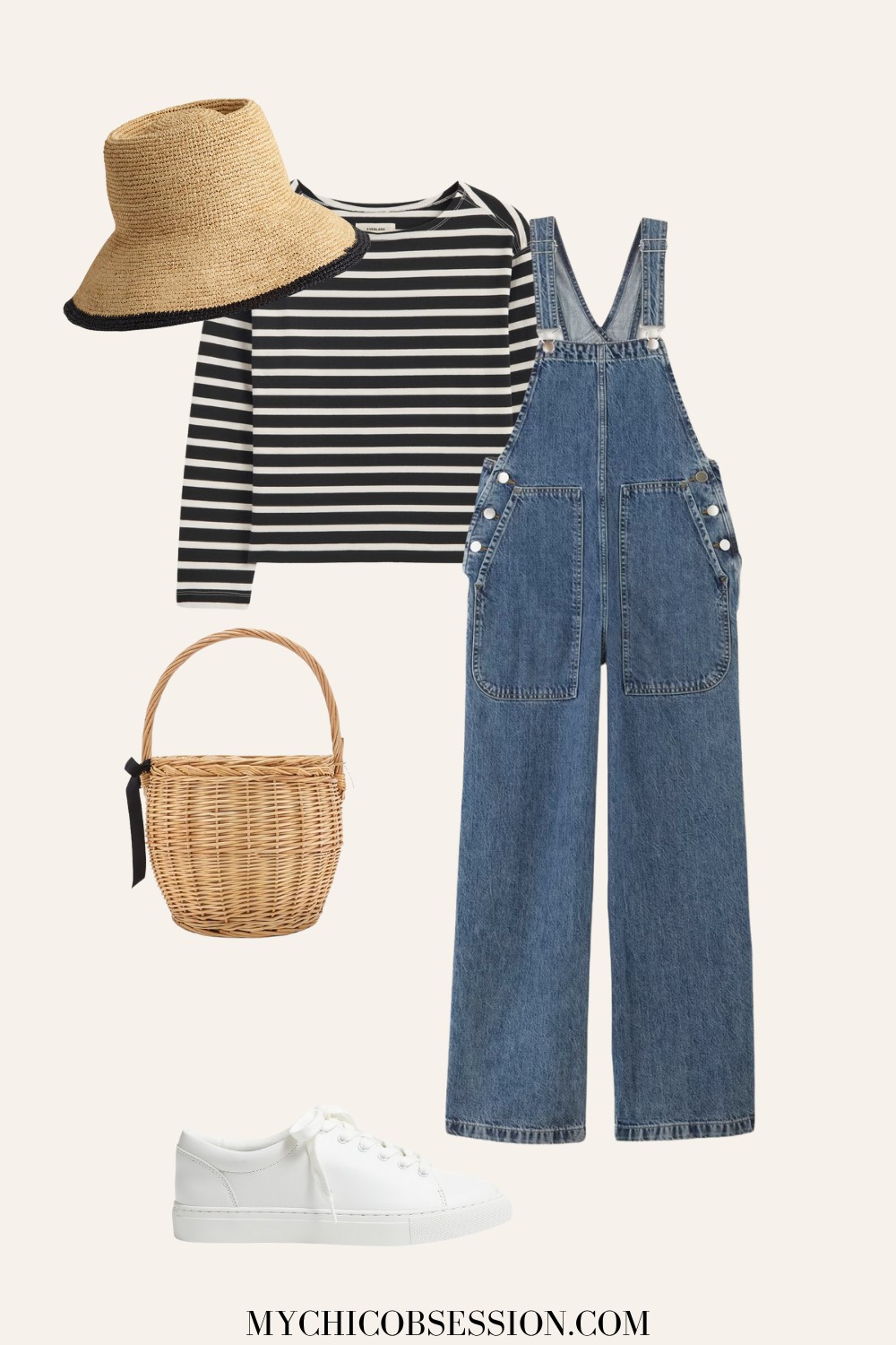 striped shirt, overalls, straw hat, basket bag, sneakers