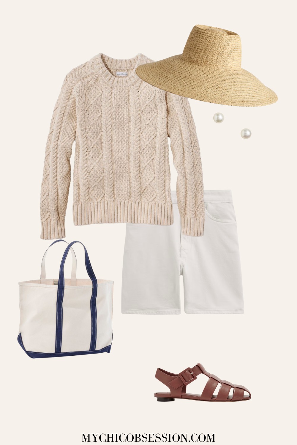 fisherman sweater, white shorts, sun hat, pearls, boat & tote, fisherman sandals
