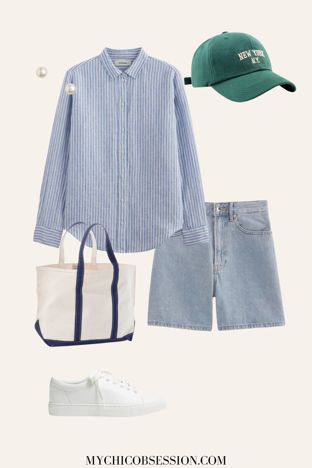 button-down, denim shorts, baseball cap, tote bag, sneakers, pearls