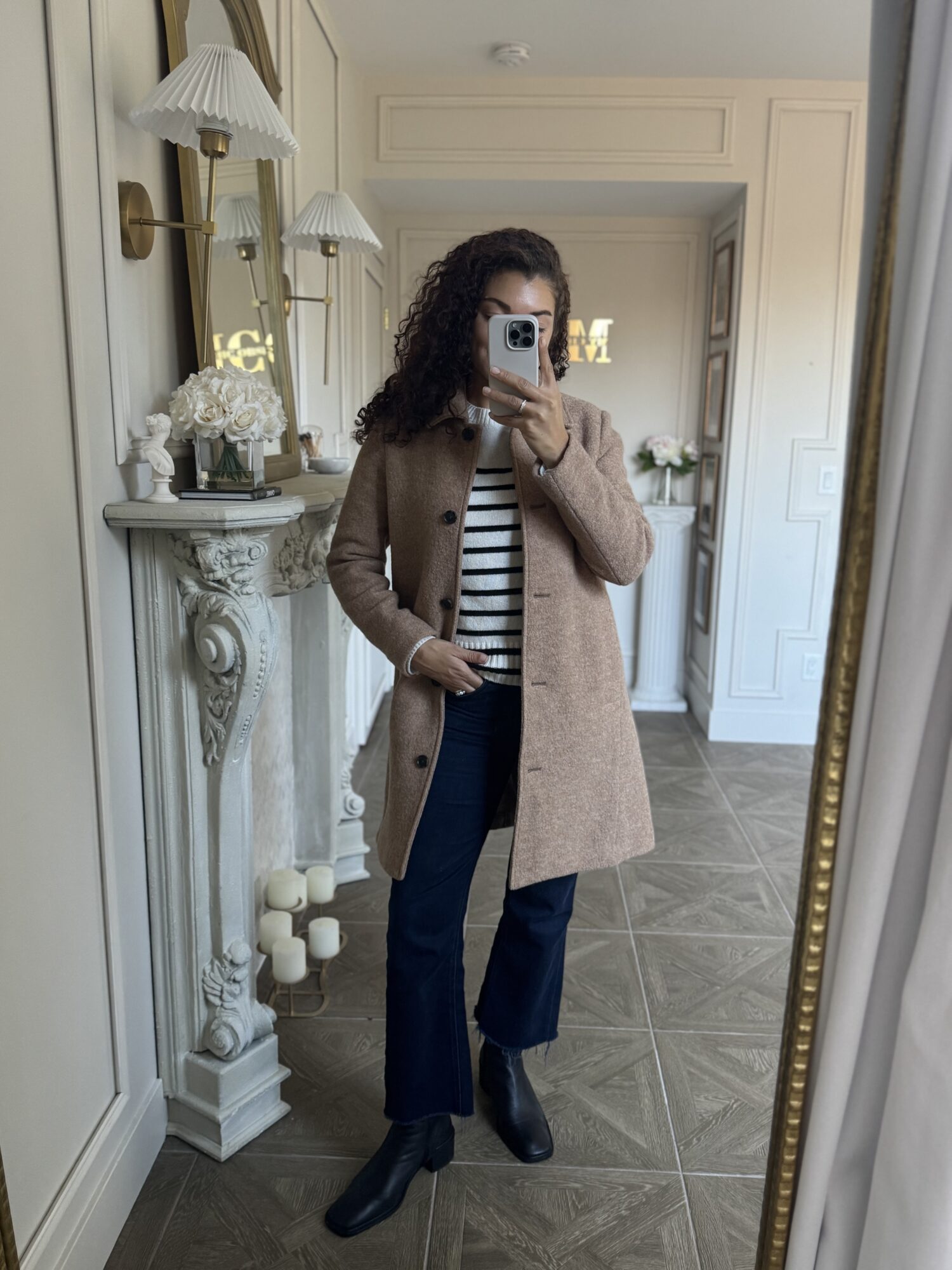 camel wool coat outfit