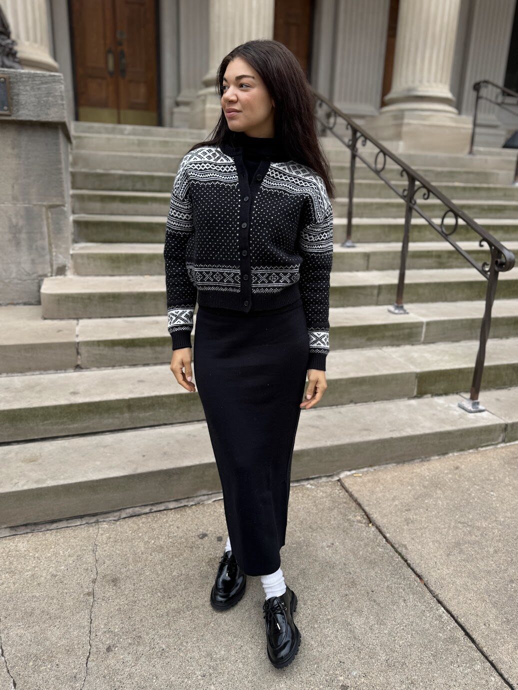 fair isle cardigan outfit