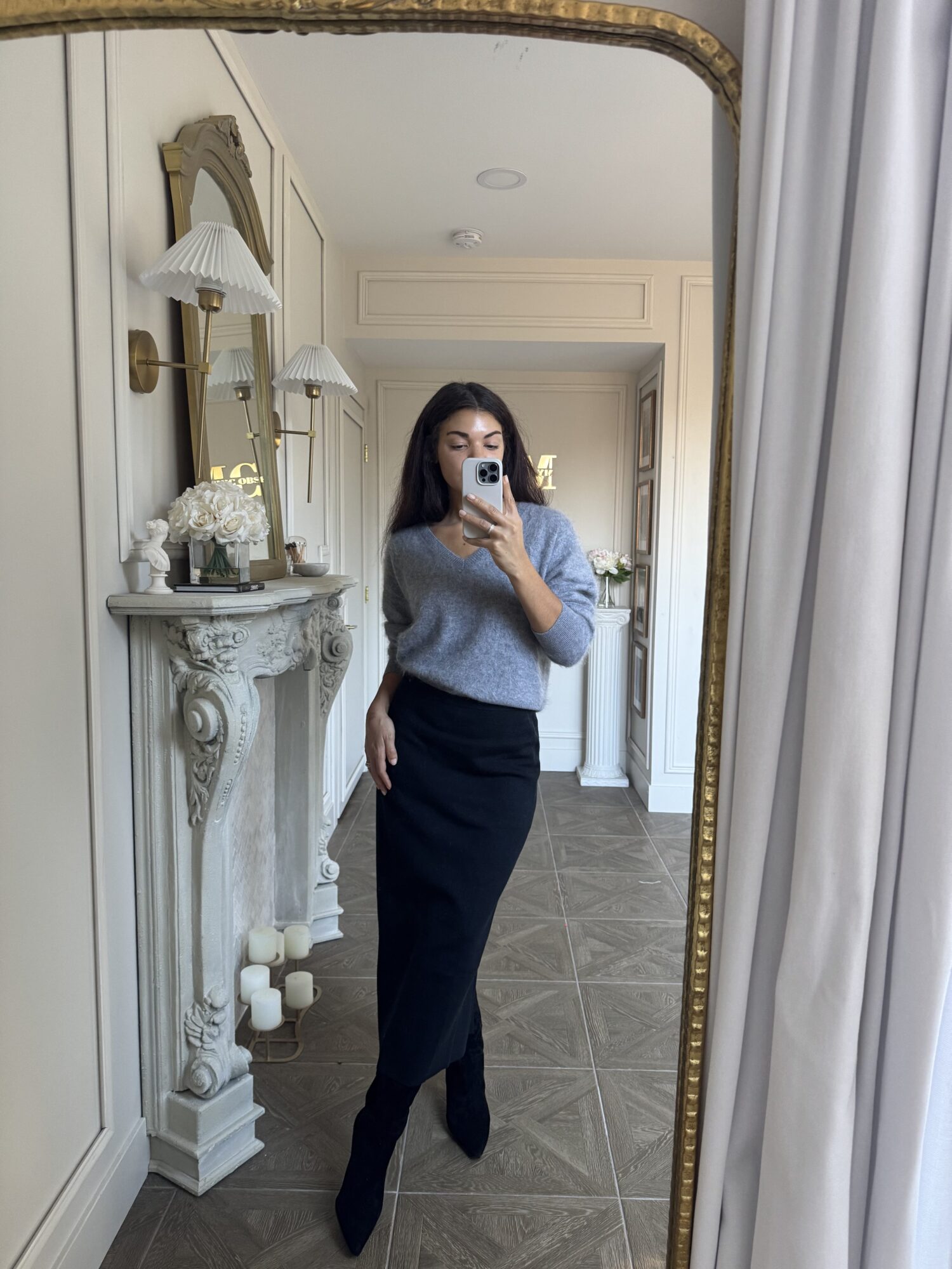 sweater midi skirt outfit