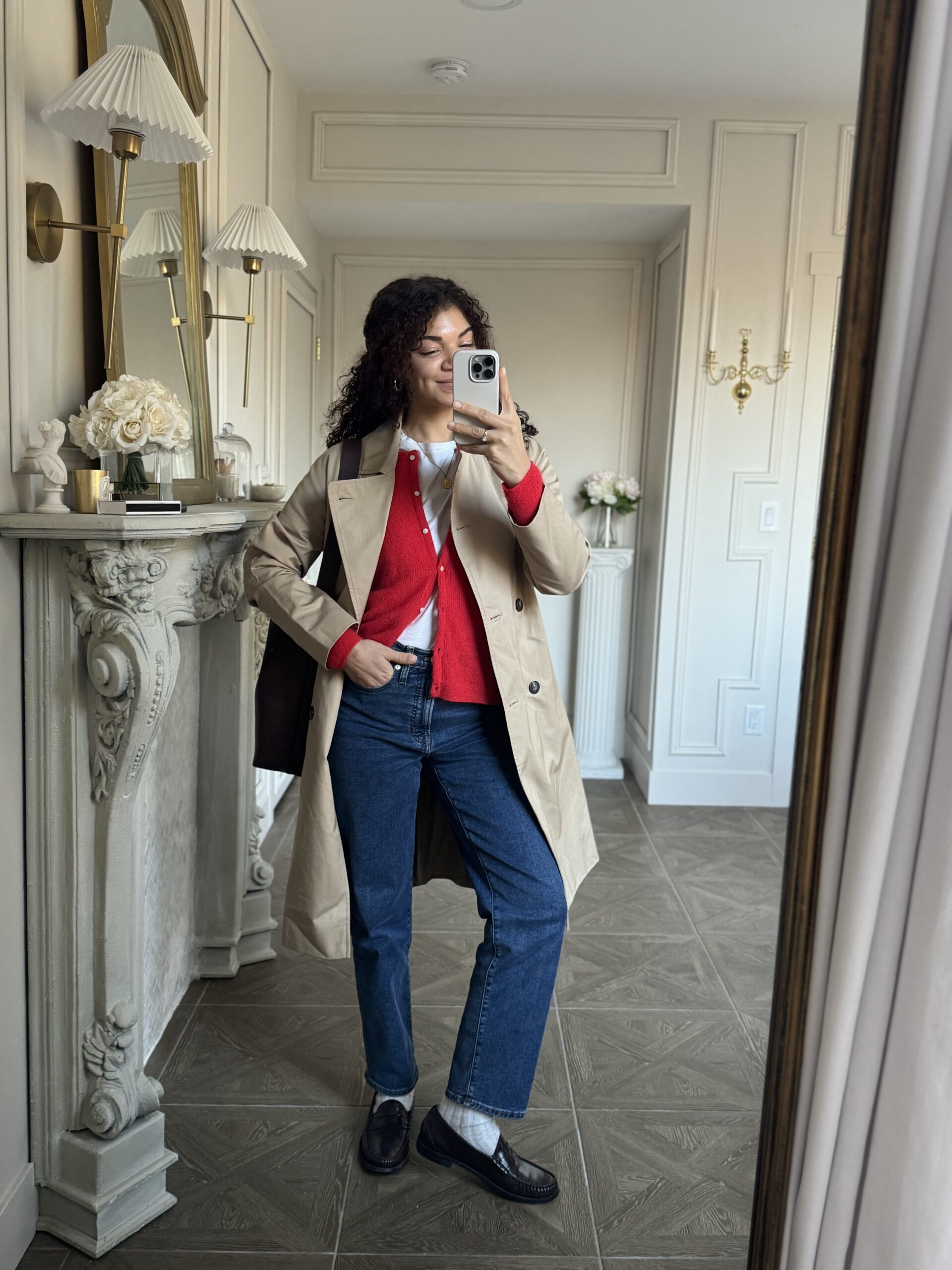 red cardigan outfit