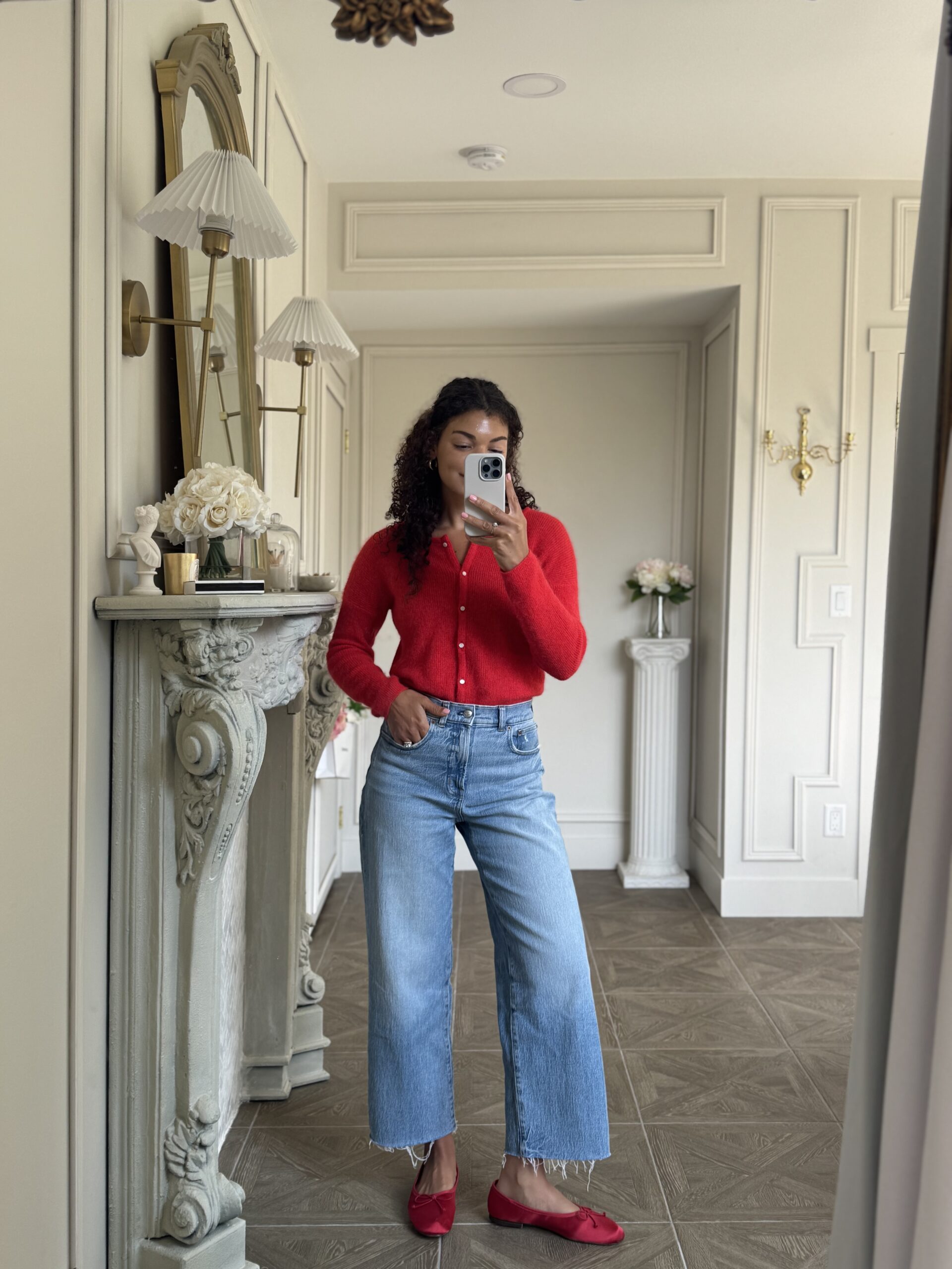 red cardigan outfit